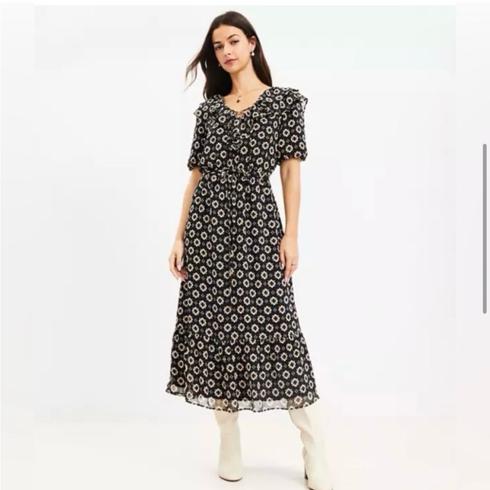 LOFT Black Midi Dress with Cream Floral Print